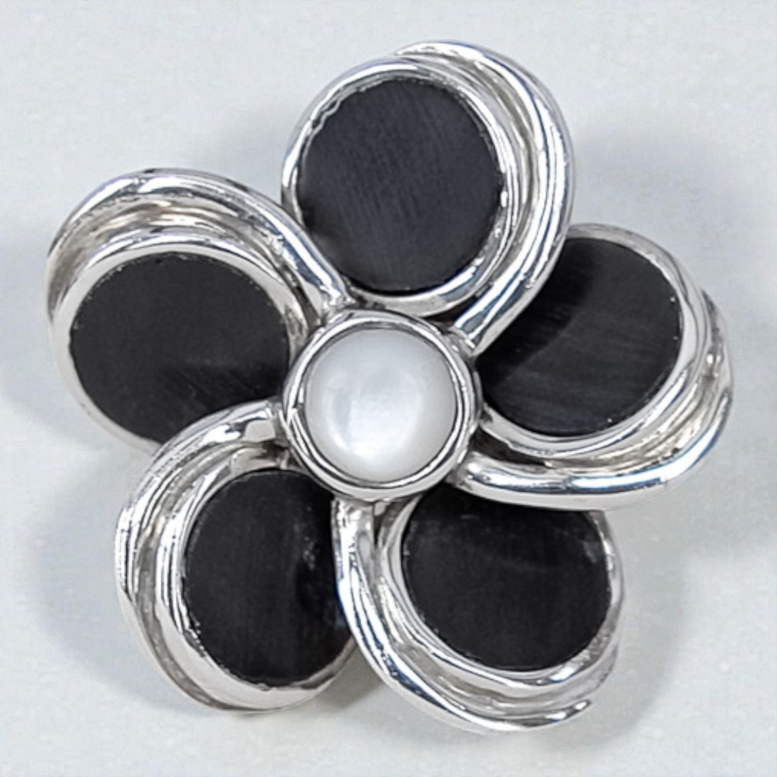 Vintage Sterling Silver 925 Onyx Abalone Daisy Flower Ring Adjustable 6.75+
